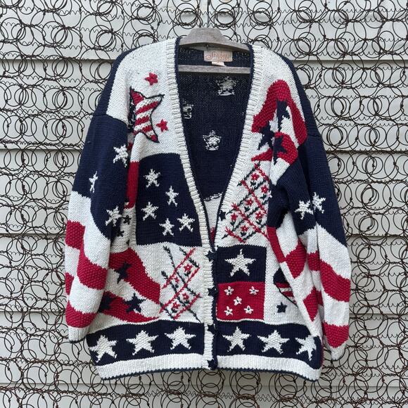 VTG 90s Stitches America 4th of July Red White Blue Sampler Cardigan Sweater 2X - Picture 1 of 8